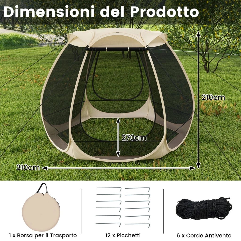 Tenda a rete pop up per 4-6 persone con zanzariera su tutti i lati, Tettoia ombreggiante per giardino Sabbia-Tende