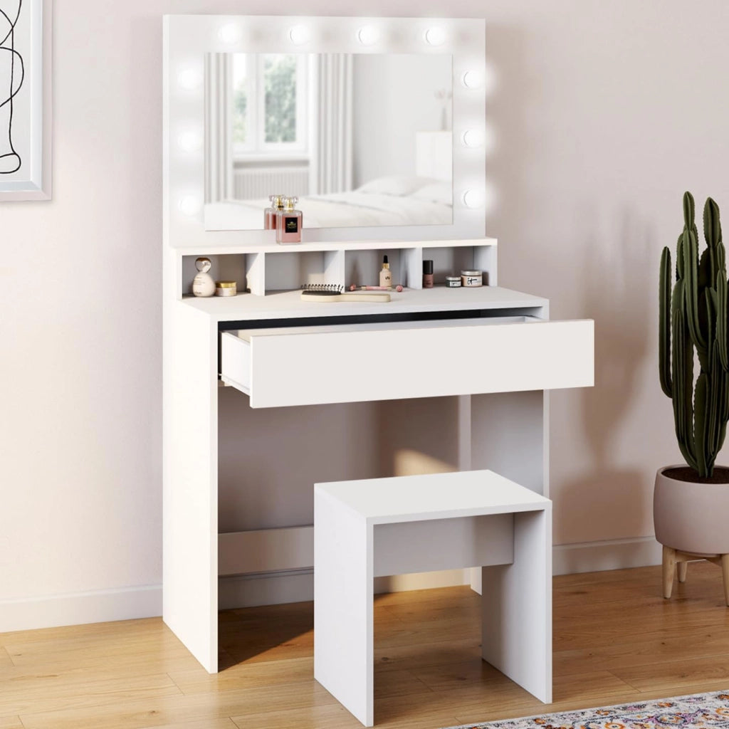 Mobiletto ZELIA con specchio LED, 4 nicchie, 1 cassetto e sgabello