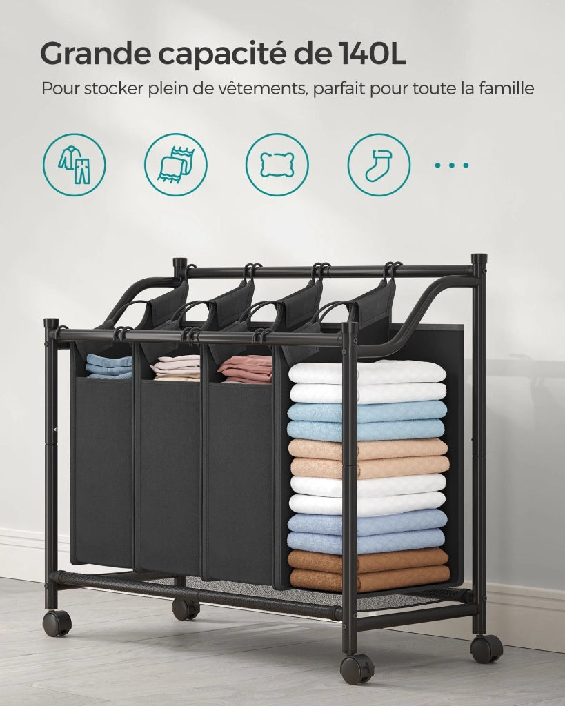 Carrello portabiancheria cesto portabiancheria cesto portabiancheria con 4 sacchi estraibili cesto portabiancheria resistente con ruote 4 x 35 litri nero 12_0004997