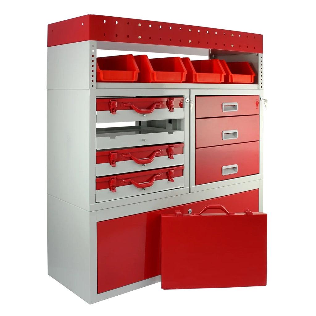Pacchetto Flame con 1 Scaffale con Cassetti e 2 Scaffali con Mensole per Furgone
