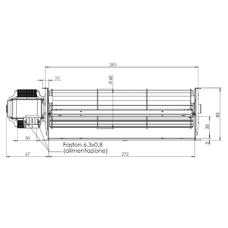 Ventilatore tangenziale Trial THS27B6 019 TFA745 S8 Stufa a Pellet Lunghezza 349mm Bocchetta 272x35mm