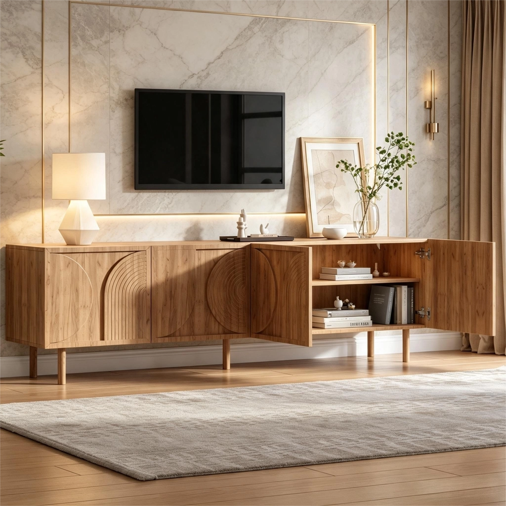 Mobile TV 180 cm con 4 ante, 2 vani contenitori, per TV fino a 75 pollici, colore legno