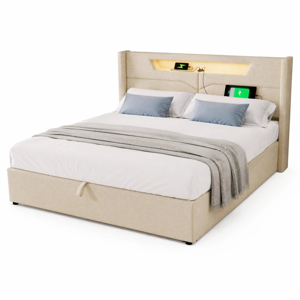 Letto matrimoniale 160x200 cm beige con LED, USB-C e contenitore