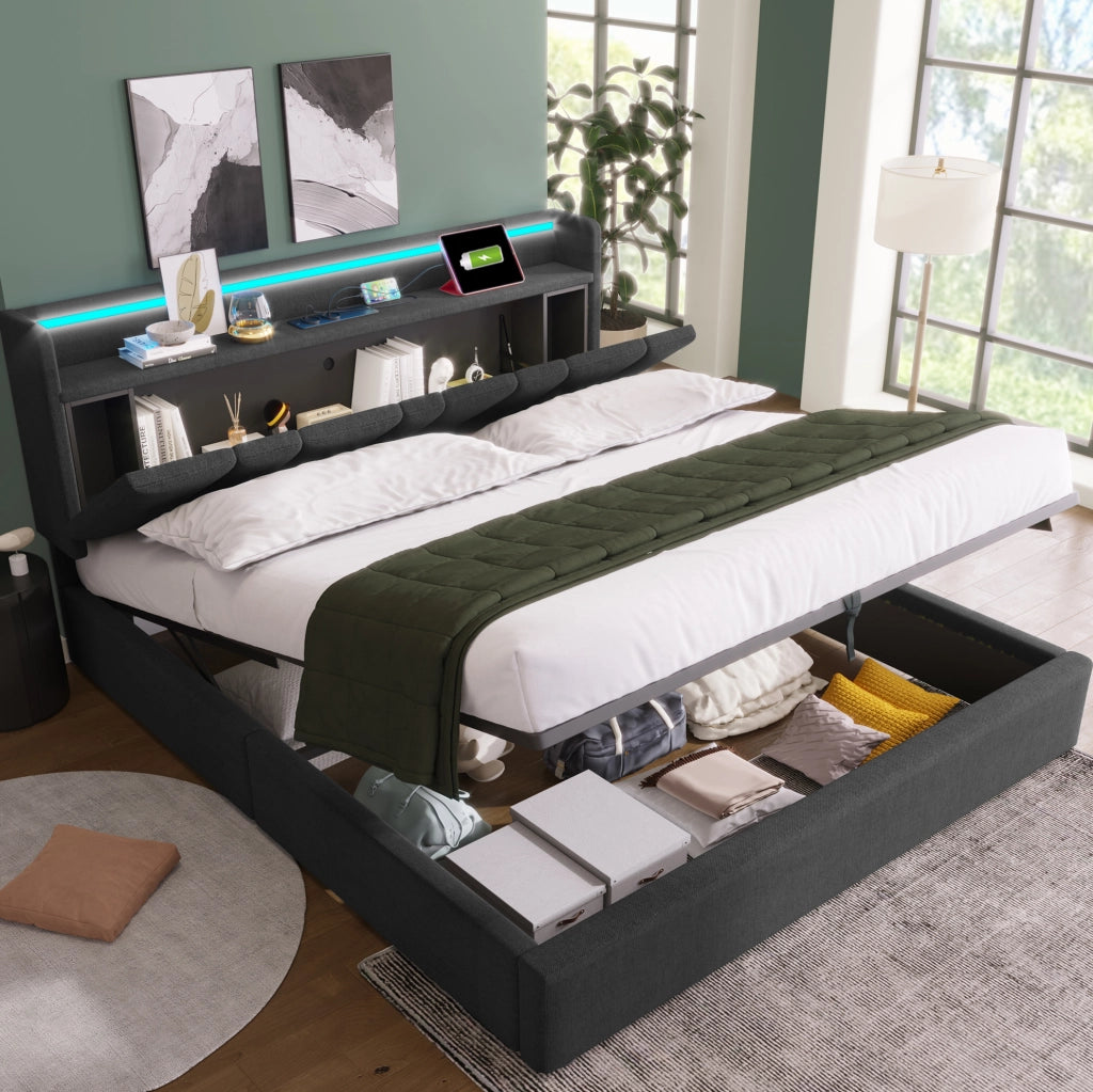 Letto matrimoniale imbottito 140x200 cm grigio con testiera contenitore; USB e LED RGBW