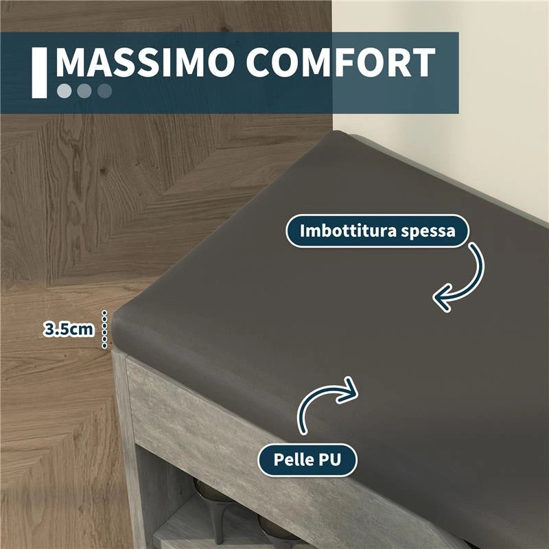 SCARPIERA SALVASPAZIO IMBOTTITA A 3 RIPIANI APERTI CON SPAZIO A SCOMPARSA, IN LEGNO, 80X30X45 CM, NERO E GRIGIO
