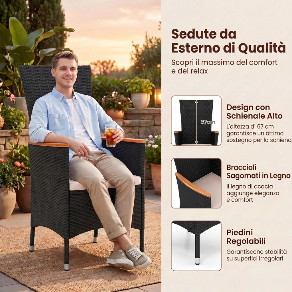 Sedie da Giardino in Ratten PE, Sedie da Esterno con Cuscino Moebido, Braccioli Curvi e Schienale Alto, Portata 180 kg, Poltrone da Esterno per Terrazza e Bordo Piscina, 58 X 62 X 107 CM (2)