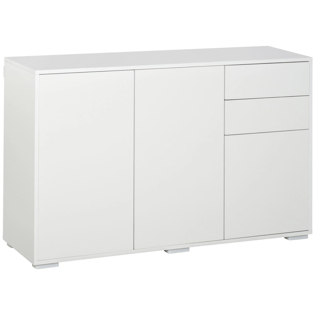 Sideboard bianco con 2 cassetti, 3 vani e ripiani regolabili, 117x36x74 cm