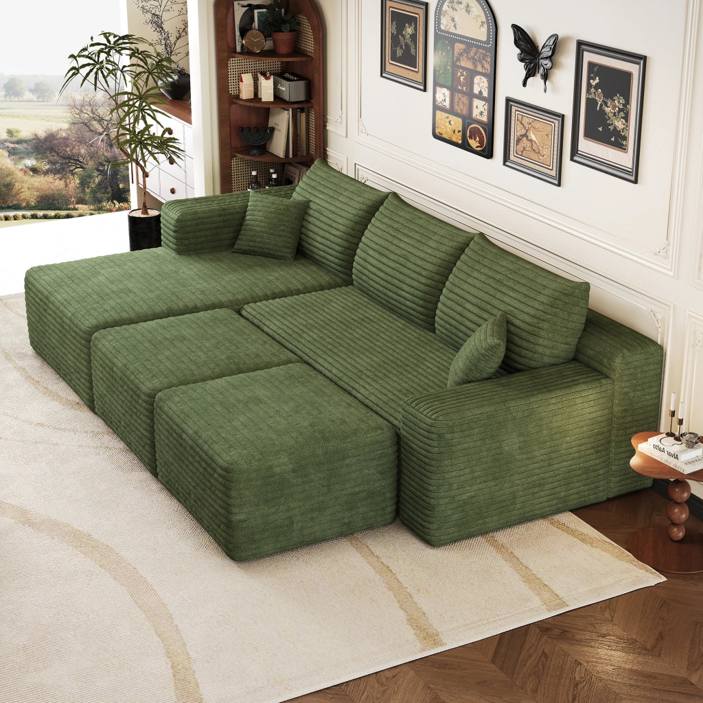 Divano angolare modulare senza montaggio in velluto a coste, seduta profonda e design minimal, verde