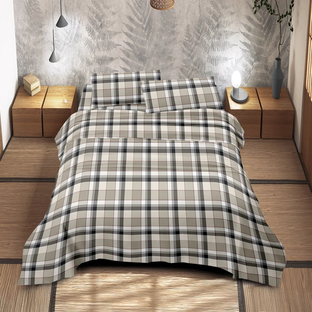 Completo Letto Matrimoniale No Stiro Set Lenzuola In Morbida Microfibra Anallergica Lenzuolo Sotto Con Angoli Elastici Fino 30 Cm, Lenzuolo Teso Sopra 2 Federe Prodotto Italiano  Tartan Tortora