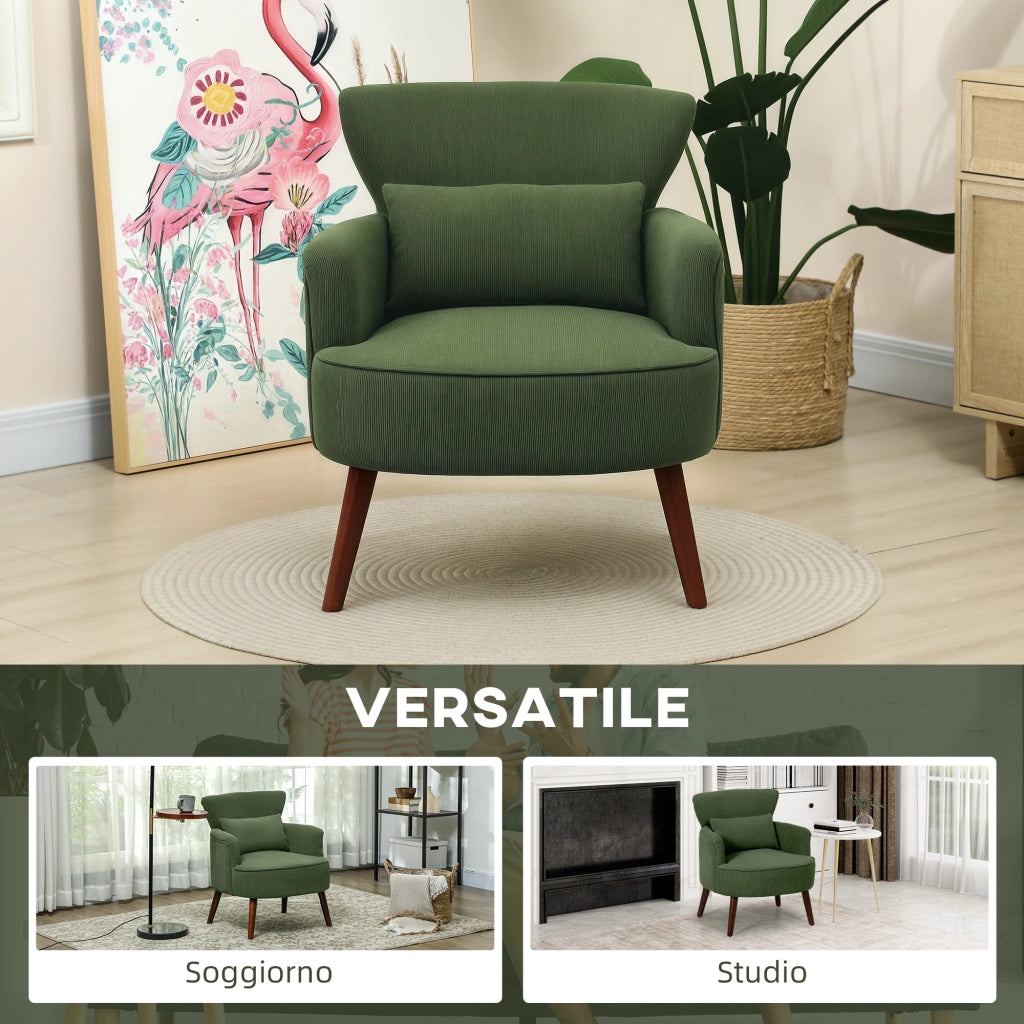 Poltrona in velluto verde con cuscino lombare e gambe in legno ¨C zephmum ¨C verde