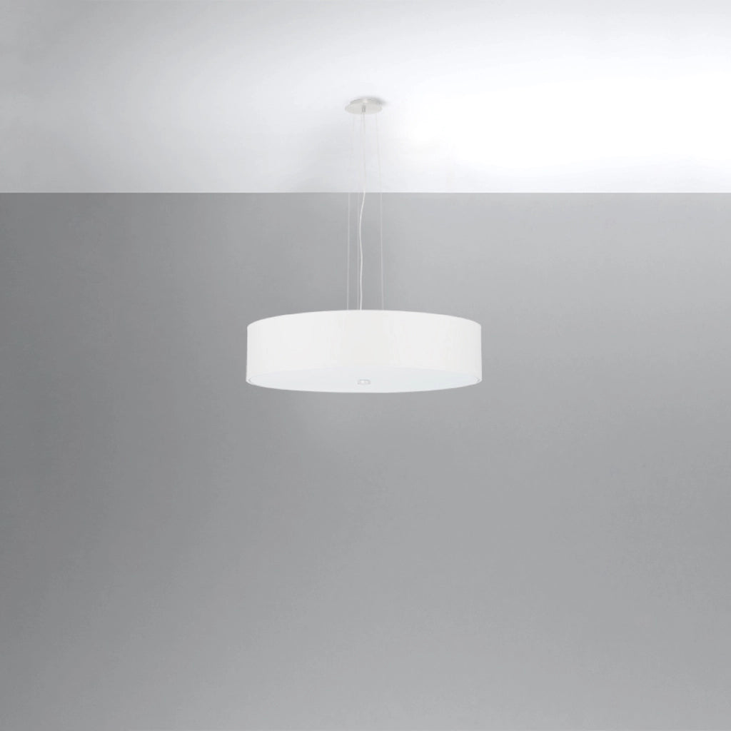 Lampadario rotondo a 5 luci serie SKALA in tessuto bianco, vetro e acciaio, 50 cm