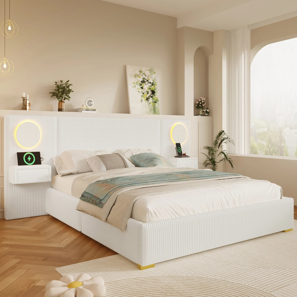 Letto Matrimoniale 180x200 cm con LED; USB e cassetti ai lati; in Velluto Beige