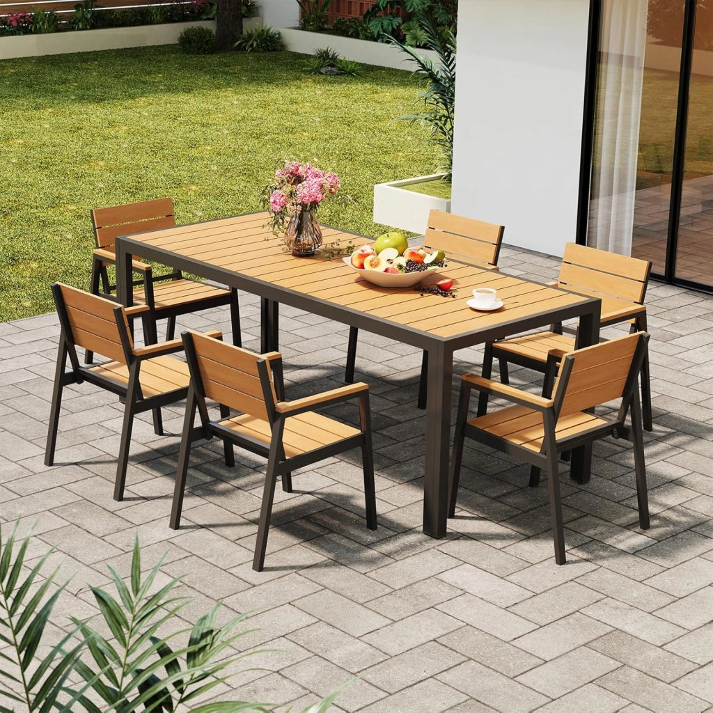 HDPS Set Tavolo e Sedie da Giardino 7 Pezzi Resistente alle Intemperie, Completo di Tavolo 189 cm e 6 Sedie da Esterno in Alluminio, Finitura a Vena di Legno e Facile da Manutenzionare,Naturale