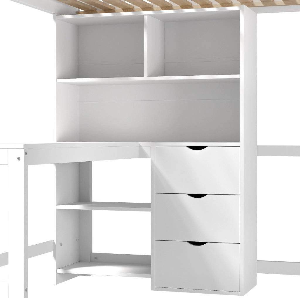 Letto a soppalco ULEVR 140x200 cm con scrivania, 3 cassetti, vani aperti e scala, bianco