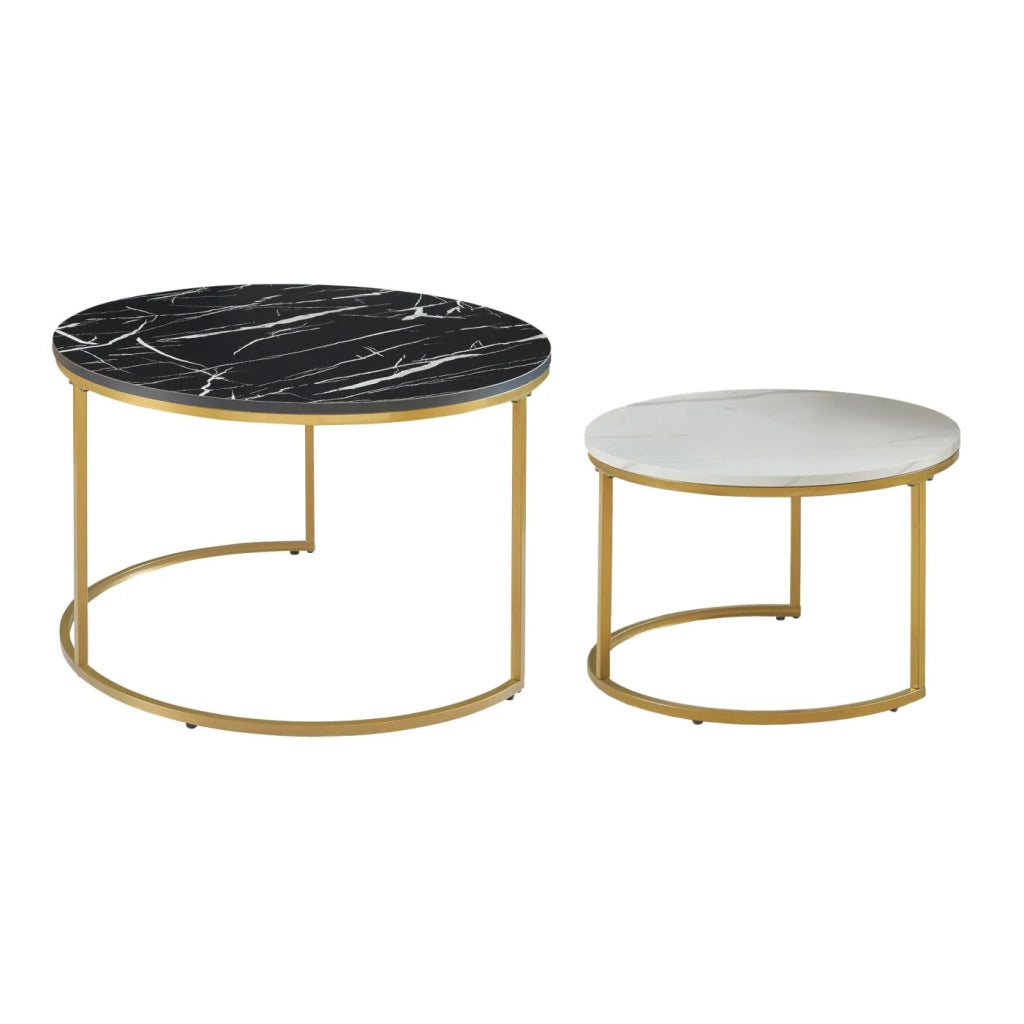 Set di 2 tavolini rotondi impilabili effetto marmo nero bianco e oro 03_0010598