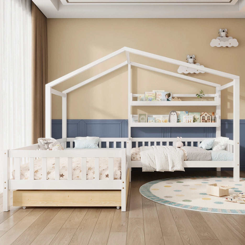 Letto casetta per bambini 200 × 90 cm e 140 × 70 cm con barriera; cassetto e 2 mensole; senza materasso