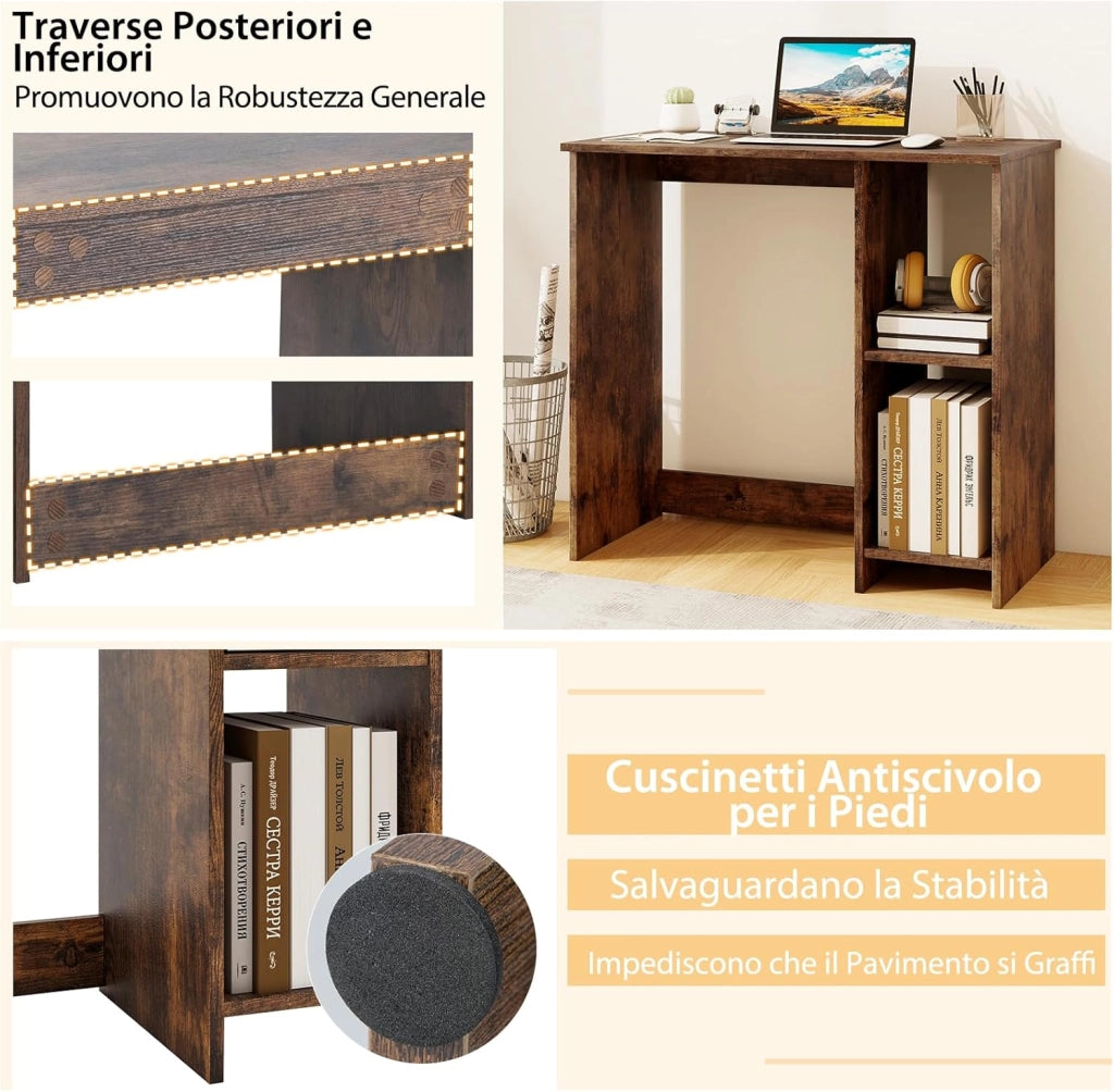 Scrivania per Computer in Legno con 2 Ripiani per Ambienti Piccoli, Scrivania Moderna e Salvaspazio da Casa e Ufficio, 80 x 40 x 74 cm (Marrone)