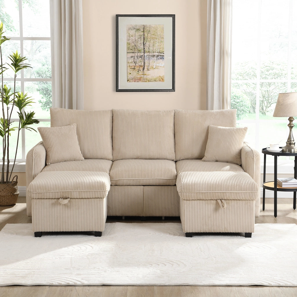 Divano angolare multifunzionale - Zephmum- U-Forma, tre posti, tessuto cord, con cassetti e pouf