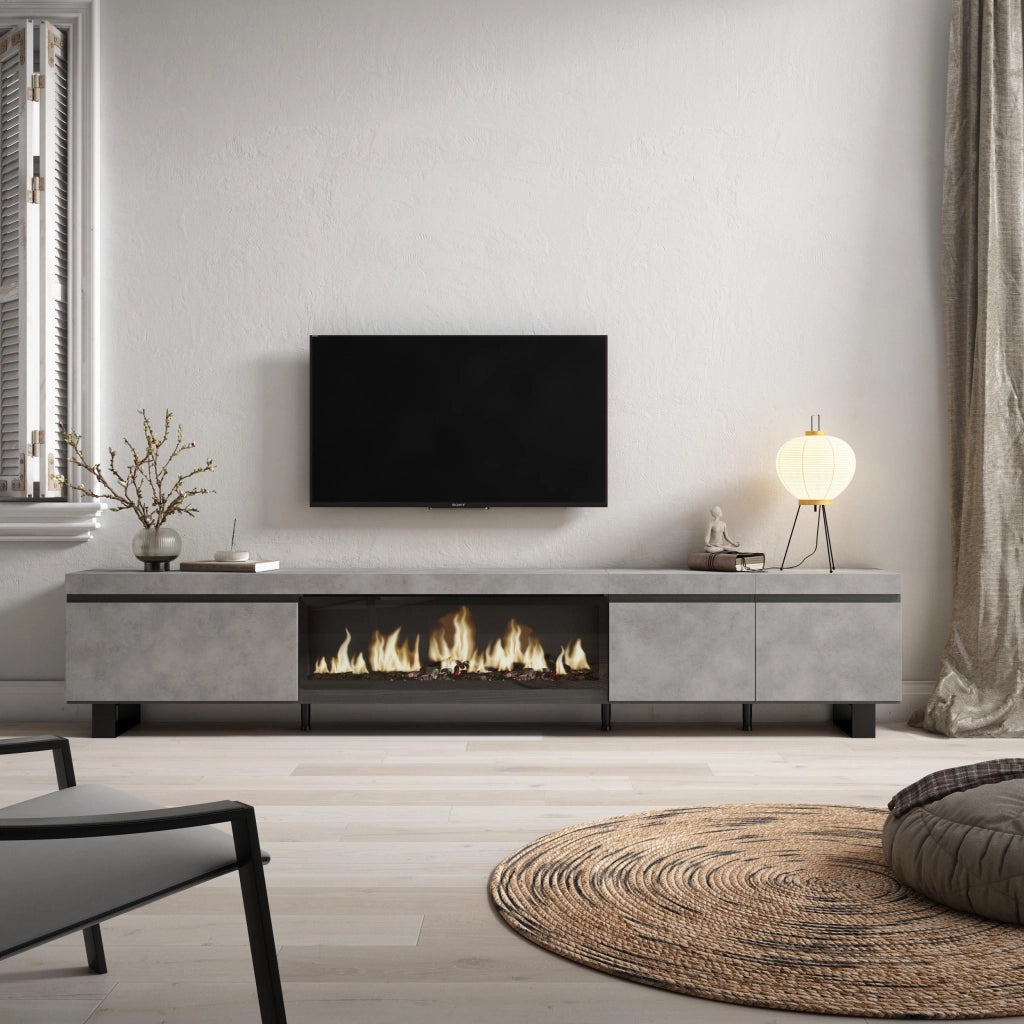 Mobile TV Soggiorno, 288x35x57cm, TV di grande formato, Camino elettrico XXL, Design industriale, grigio cemento RF3618