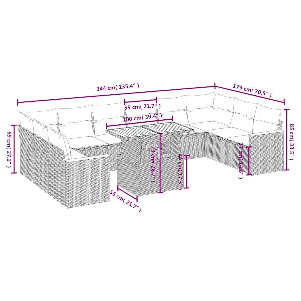 Set Divani da Giardino 11 pz con Cuscini Beige in Polyrattan