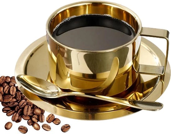 Set di Caffettiere in Acciaio Inox a Doppia Parete con Cucchiaio e Ciotola – 200ml Giallo