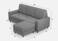 Divano 3 Posti con Pouf 208x155x85 cm Sakar in Tessuto Grigio