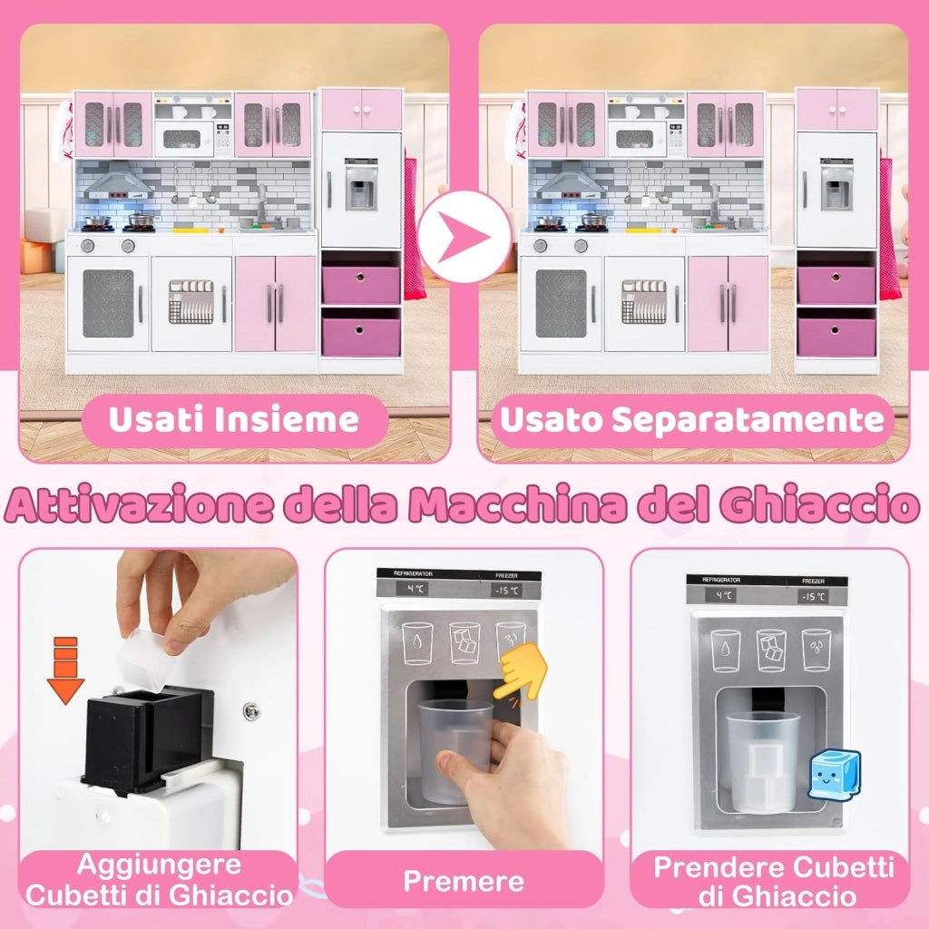 Cucina Giocattolo per Bambini, Set da Cucina in Legno con Luci e Suoni, Macchina del Ghiaccio, Cappa, Fornelli, Microonde e Lavastoviglie, per Bambini 3+ Anni, 118 x 29 x 100cm (Rosa)