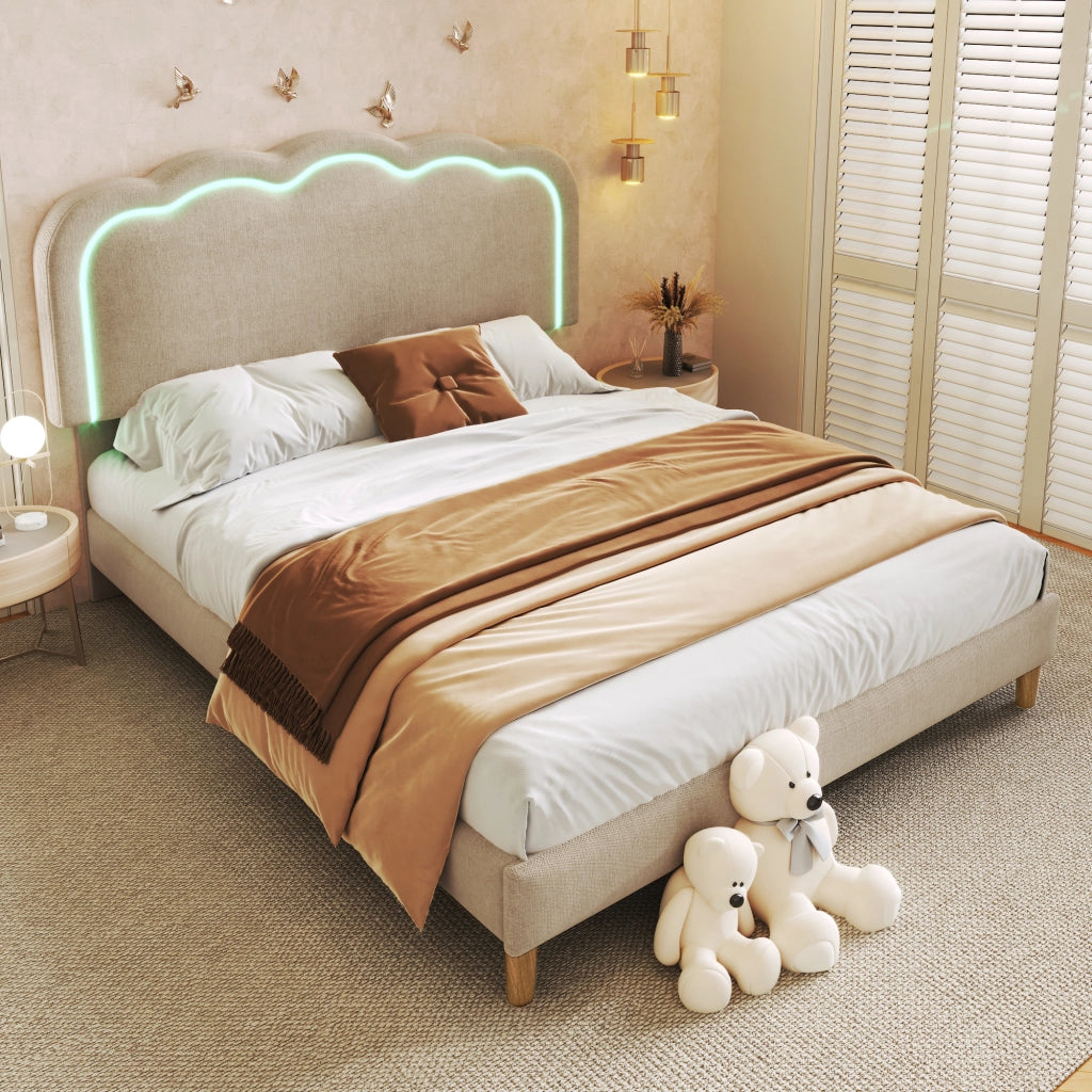 Letto matrimoniale LED – 140x200 cm – testiera regolabile rete – lino beige