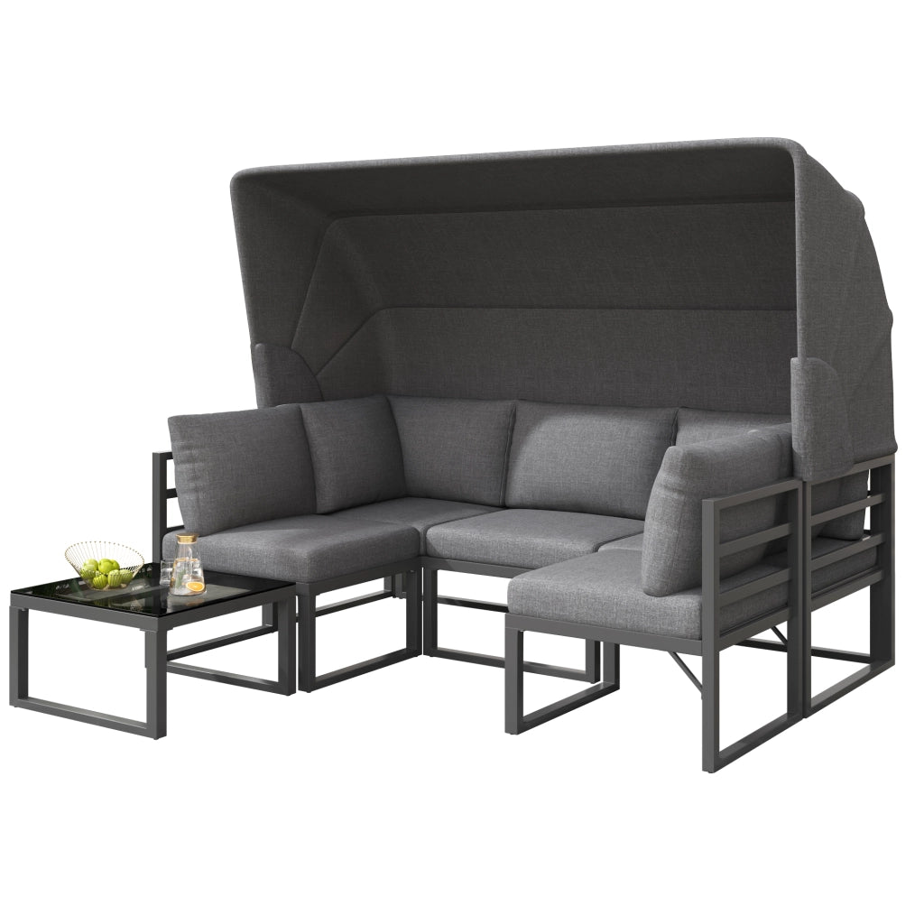 Set giardino 4 pezzi: sdraio + isola + salotto + sgabello + tavolo + tendalino; resistente; grigio; cuscini