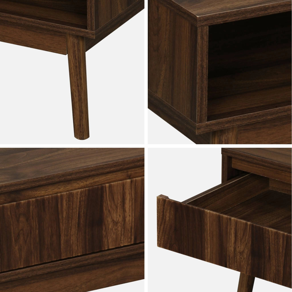 Tavolino scandinavo, decoro in legno scanalato, 2 nicchie, 1 cassetto,