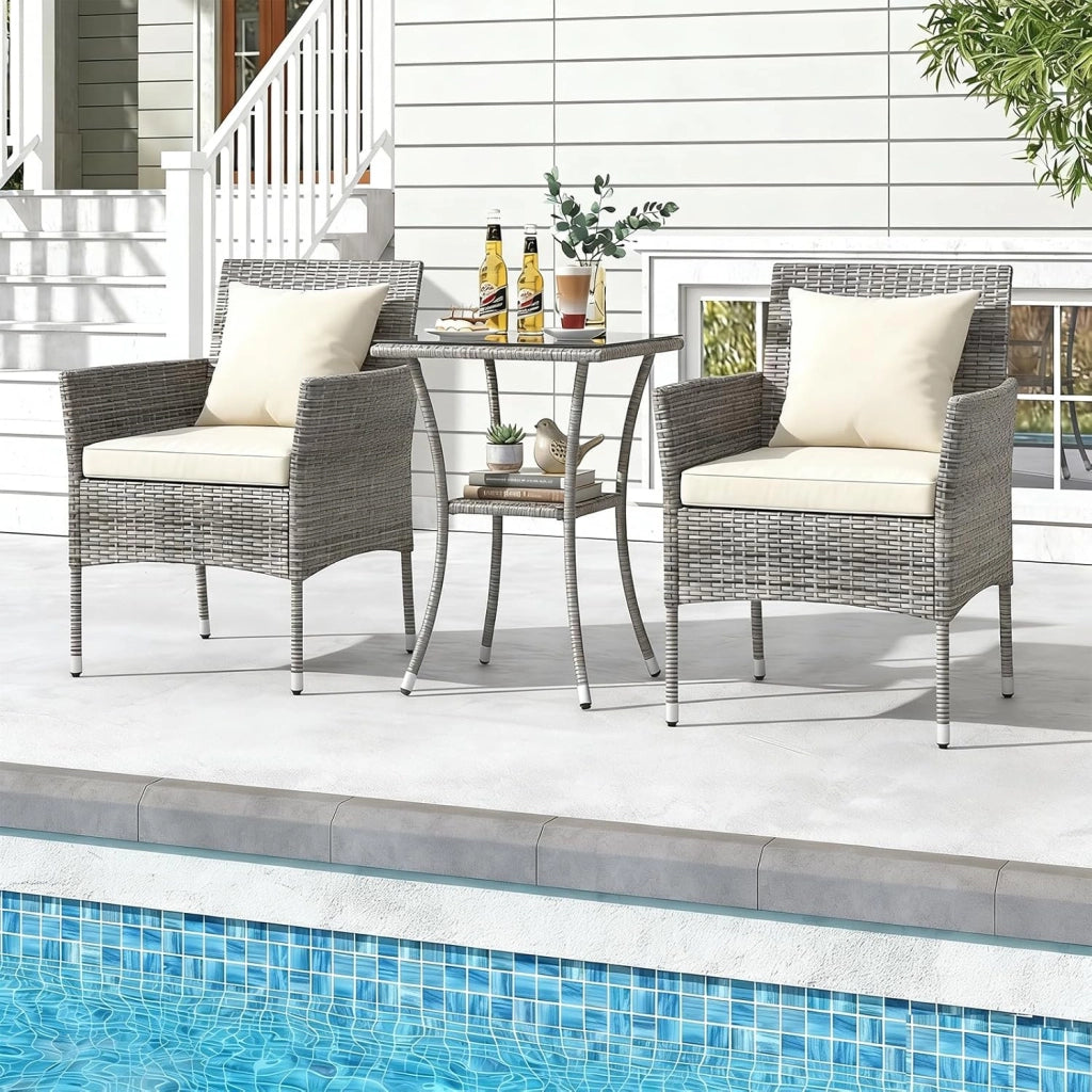 Set Mobili da Balcone 3 Pezzi, Set da Bistrot con Tavolo e 2 Sedie in Rattan con Cuscini, Mobili da Giardino per Balcone e Esterno