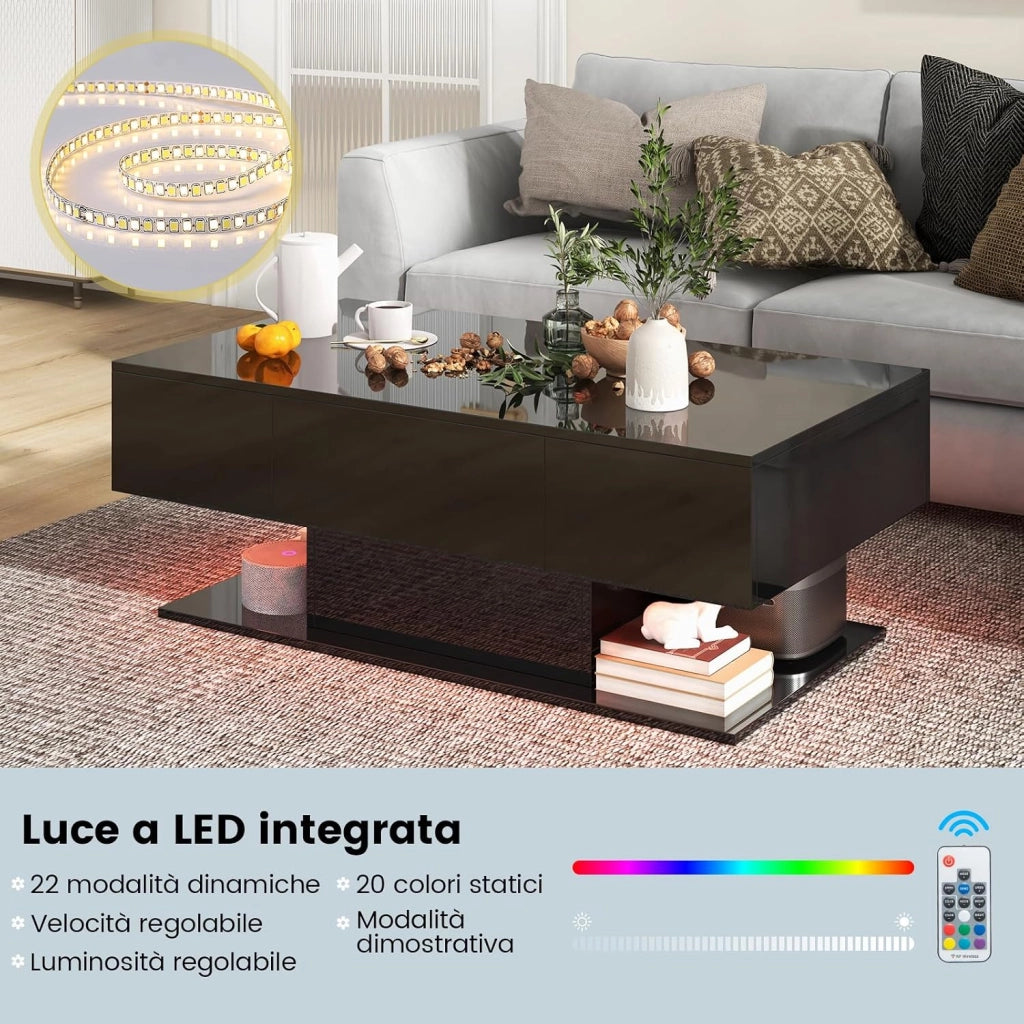 Tavolino da Caffè Moderno, Tavolino a 2 Piani con 20 Luci LED a Colori, 2 Cassetti Portaoggetti e Finitura Lucida, Tavolino Rettangolare per Salotto, Studio e Camera da Letto (Nero)