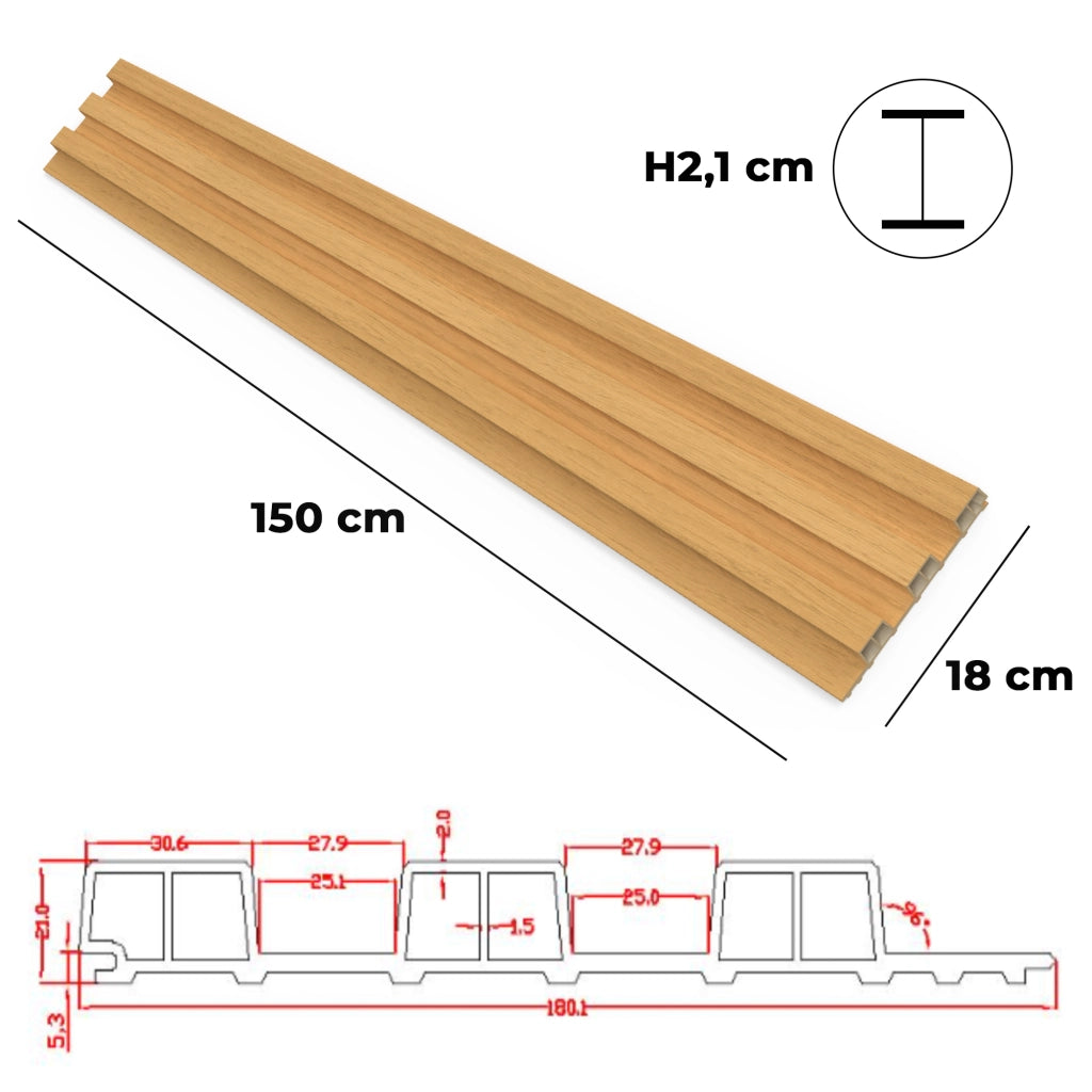 Bach - Set 8 Pannelli Fonoassorbenti Decorativi 150x18 cm per Interno ed Esterno in WPC Oak