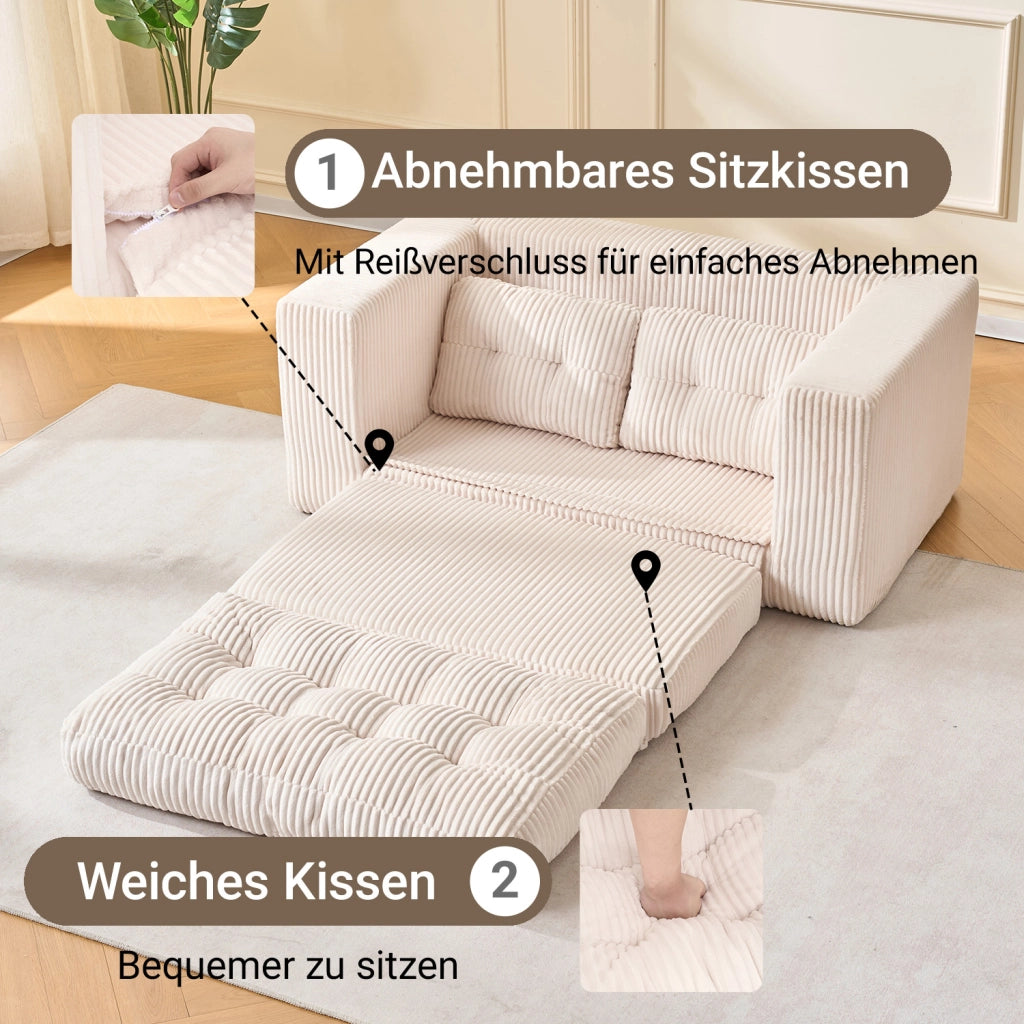 Divano letto a due posti in velluto a coste con funzione 2 in 1 senza montaggio con cuscini rimovibili beige