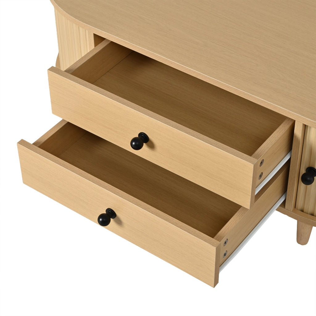 Tavolino basso con 2 cassetti e ante scorrevoli, in MDF con gambe in legno massello, per soggiorno, 100 × 50 × 36 cm