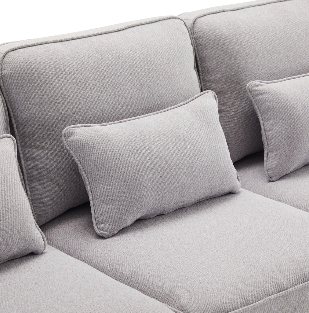 Divano 4 posti 264x83x87 cm con tasche portaoggetti e 4 cuscini in lino grigio