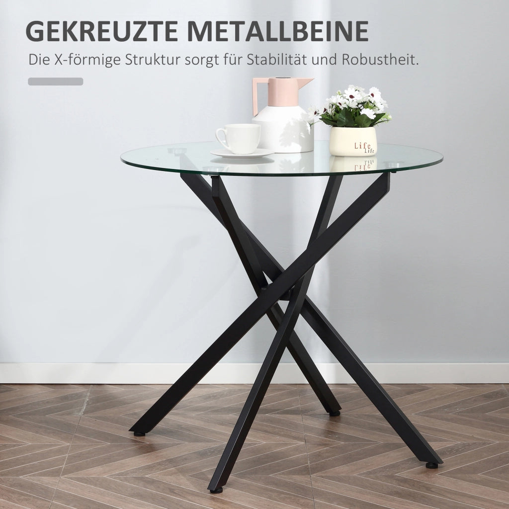 Tavolo da pranzo - rotondo in vetro - 80x80x75 cm - struttura in metallo - nero - moderno ed elegante