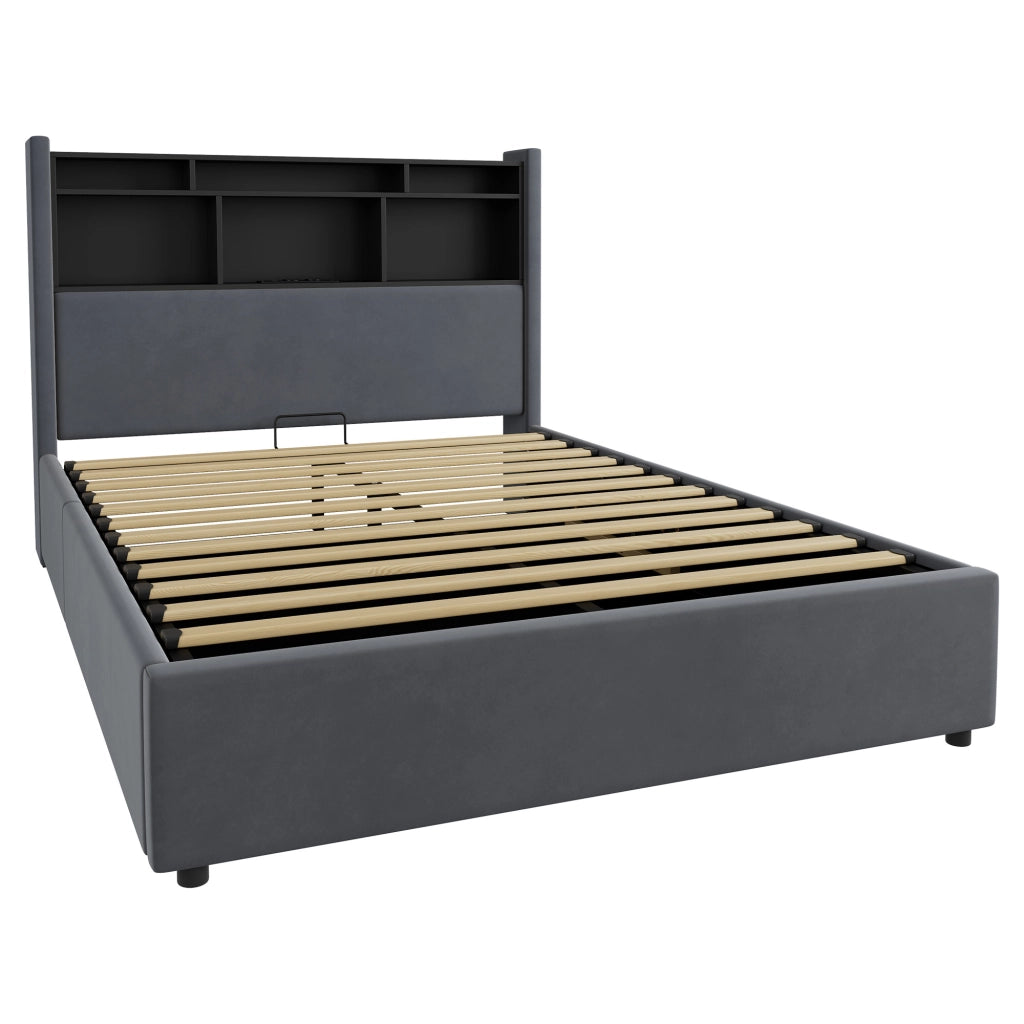 Letto matrimoniale contenitore imbottito grigio scuro 140x200 cm con LED e ricarica USB