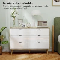 Cassettiera con 6 Cassetti in Legno per Camera da Letto, 110x40x75 cm, Bianco Lucido e Rovere