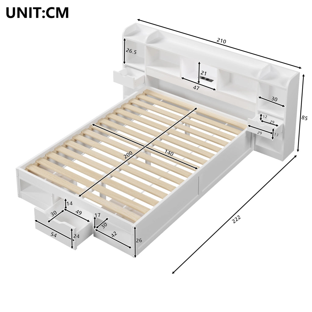 Letto piattaforma 140x200 cm con LED, USB e 3 cassetti in MDF e compensato bianco