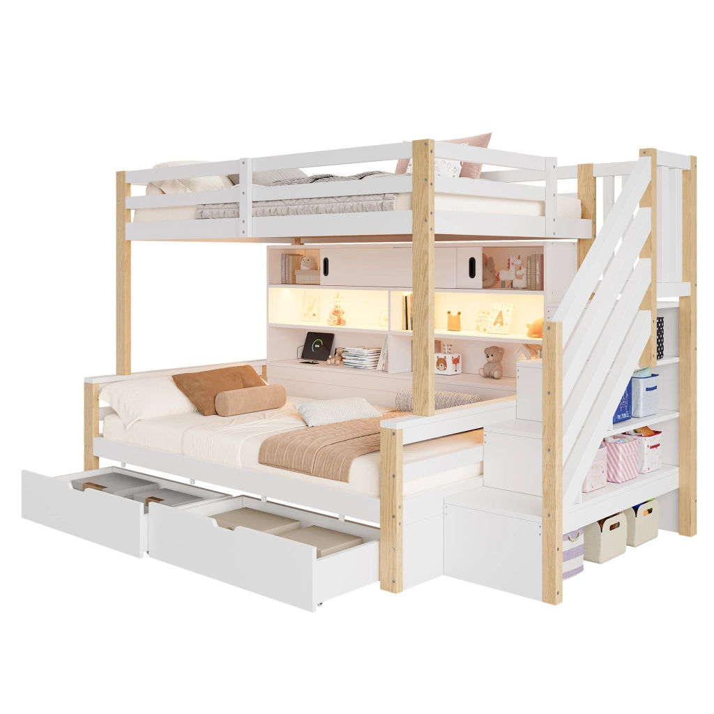 Letto a castello per bambini 90x200 cm; LED controllabile tramite app; USB e Type-C; scala contenitore; pino bianco