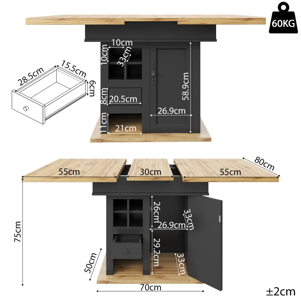 Tavolo da pranzo allungabile con ripiani regolabili e ante magnetiche per cucina in MDF nero 110 × 80 × 75 cm
