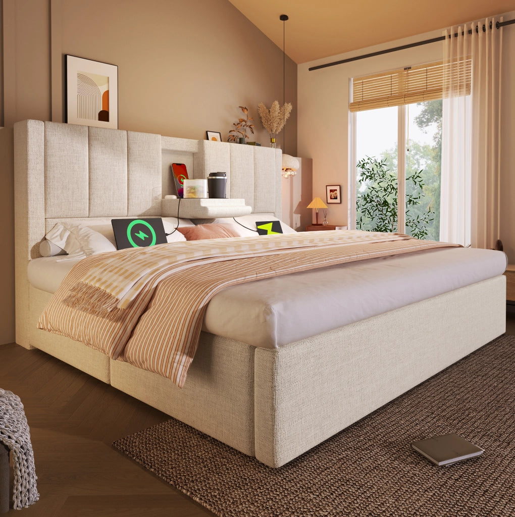 Letto matrimoniale imbottito 160x200 cm in lino beige con contenitore; USB e portabicchieri