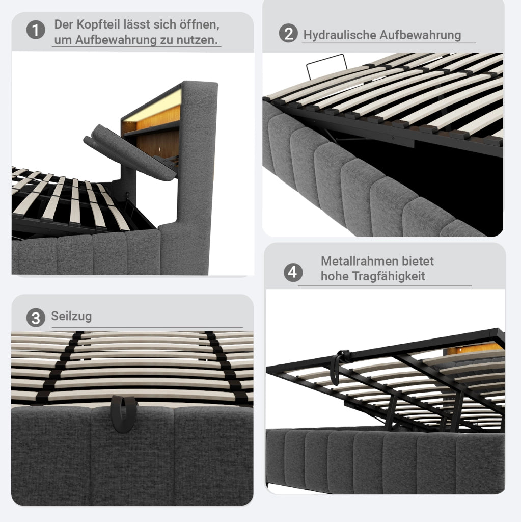 Letto matrimoniale imbottito 180x200 cm con contenitore, LED e USB