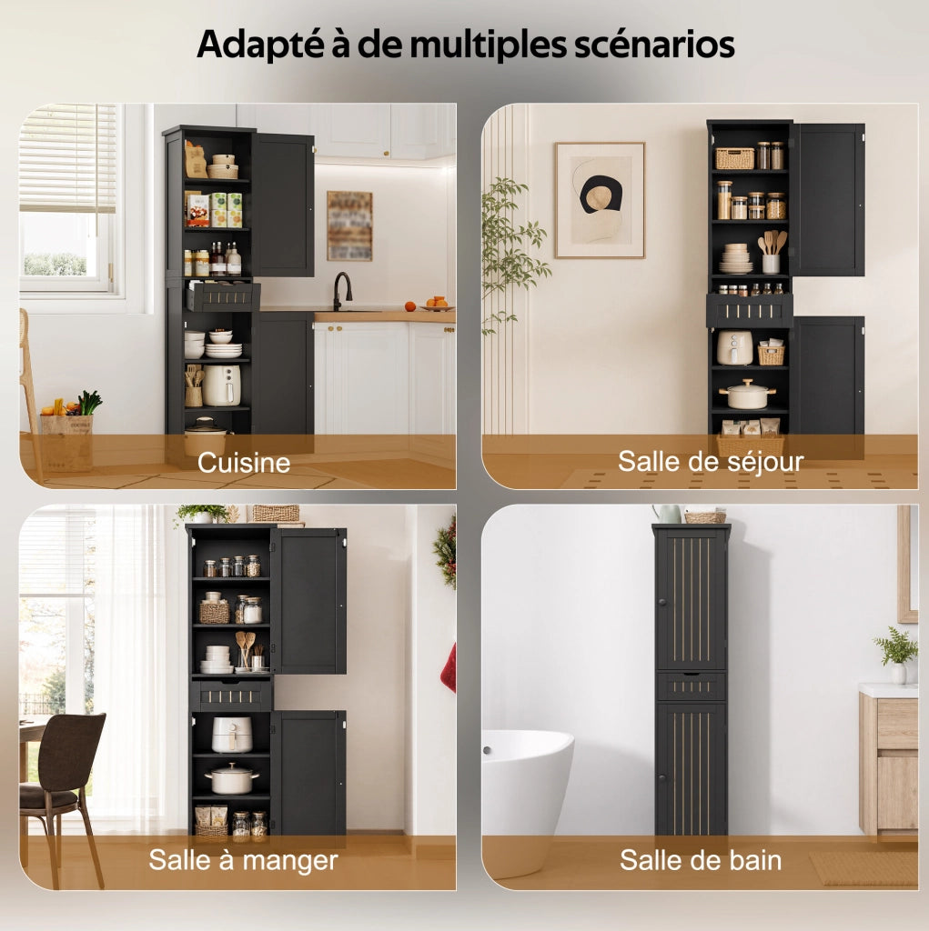 Armadio dispensa alto 170x40x30 cm in MDF nero; con ripiani regolabili e dettagli a griglia