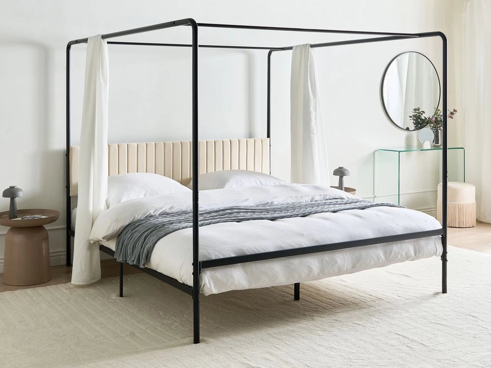 Letto a baldacchino in metallo nero con doppia testiera imbottita 180 x 200 cm moderno romantico