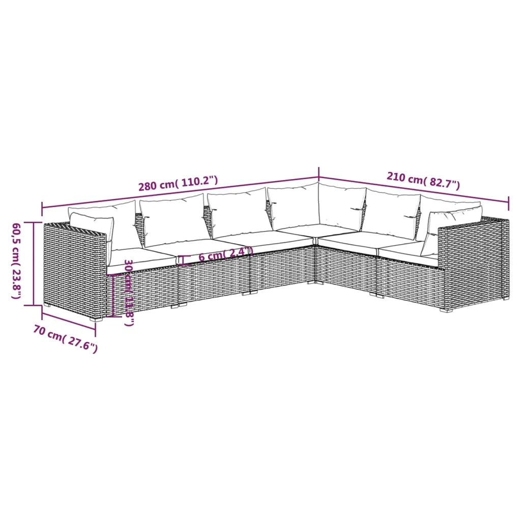 Set Divani da Giardino 6 pz con Cuscini in Polyrattan Nero cod mxl 35113