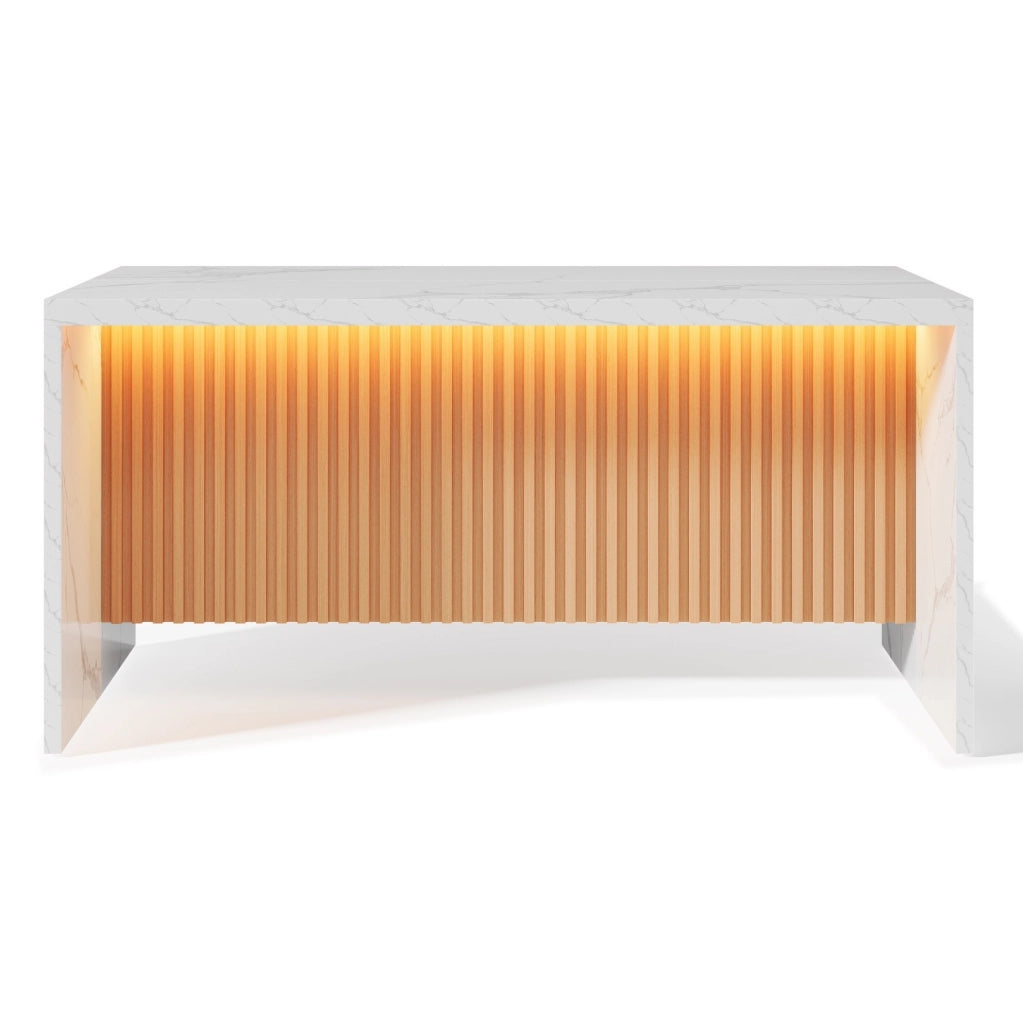Isola cucina 155x80x90 cm in MDF effetto marmo bianco; con LED; prese e USB
