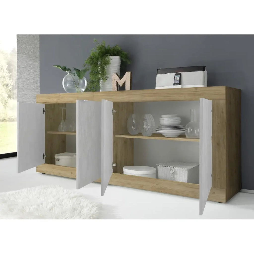 Credenza a 4 porte collezione ACCESS. Colori bianco e rovere chiaro.