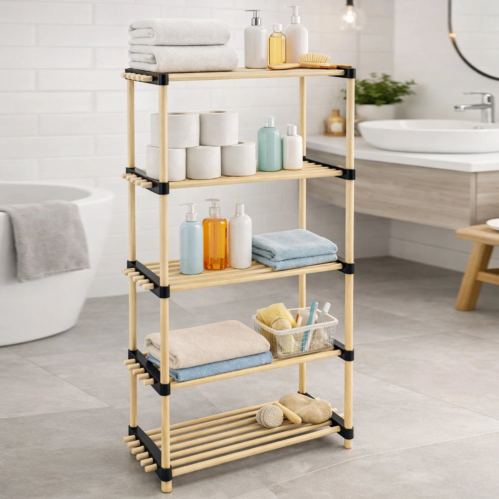 Scaffale in Legno 5 Ripiani Scaffalatura Multiuso Bagno Casa Ufficio 28x56x117cm